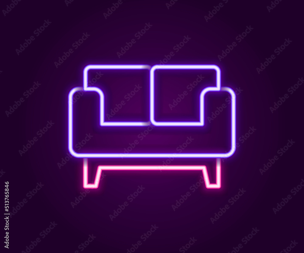 Glowing neon line Sofa icon isolated on black background. Colorful outline concept. Vector Glowing neon line Sofa icon isolated on black background. Colorful outline concept. Vector