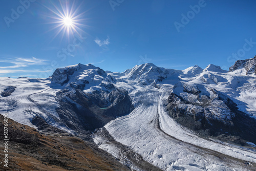 Monte Rosa massif with Dufourspitze, 4633m, and Liskamm with Gorner Glacier, Zermatt, Valais, Swiss Alps, Switzerland photo