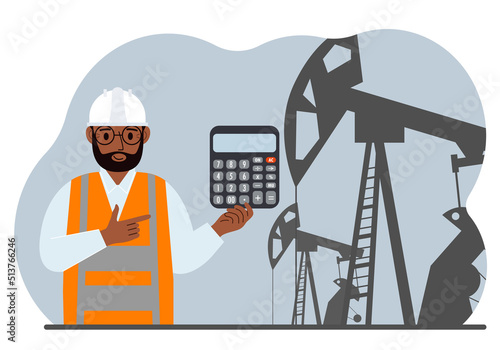 A male refinery engineer worker uses a tableted oil pumping unit. Energy industrial zone, oil drilling.