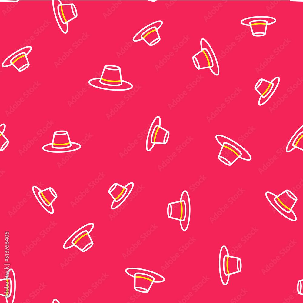 Line Man hat with ribbon icon isolated seamless pattern on red background. Vector Line Man hat with ribbon icon isolated seamless pattern on red background. Vector