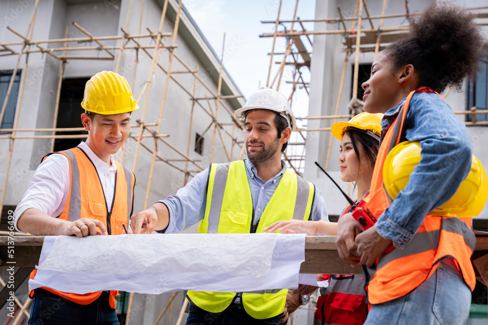 group civil engineers male female discuss inspect construction of ...