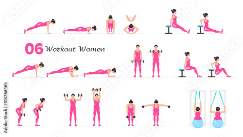 Women workout set. Women Fitness Aerobic and Exercises. Women doing fitness and yoga exercises. Flat style