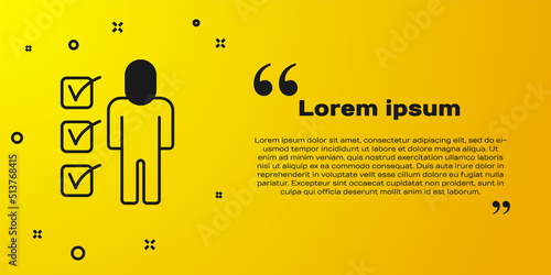 Black Resume icon isolated on yellow background. CV application. Searching professional staff. Analyzing personnel resume. Vector