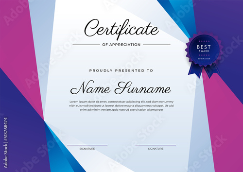 Modern elegant blue and purple certificate of achievement template with gold badge and border. Designed for diploma, award, business, university, school, and corporate.