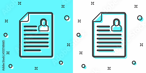 Black line Resume icon isolated on green and white background. CV application. Searching professional staff. Analyzing personnel resume. Random dynamic shapes. Vector