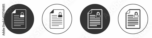 Black Resume icon isolated on white background. CV application. Searching professional staff. Analyzing personnel resume. Circle button. Vector