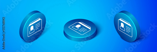 Isometric Resume icon isolated on blue background. CV application. Searching professional staff. Analyzing personnel resume. Blue circle button. Vector