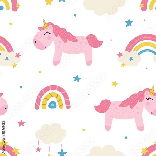 seamless fairy tale baby pattern of pink unicorn with clouds, rainbows, stars vector Illustration