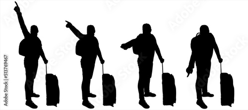 Tourist with a backpack and a suitcase on wheels. A young guy in a cap stands sideways and points his hand up, to the sides, indicating the direction with his finger. Four black silhouettes isolated