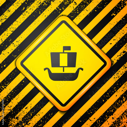 Black Ancient viking scandinavian drakkar icon isolated on yellow background. Viking transport ship. Warning sign. Vector