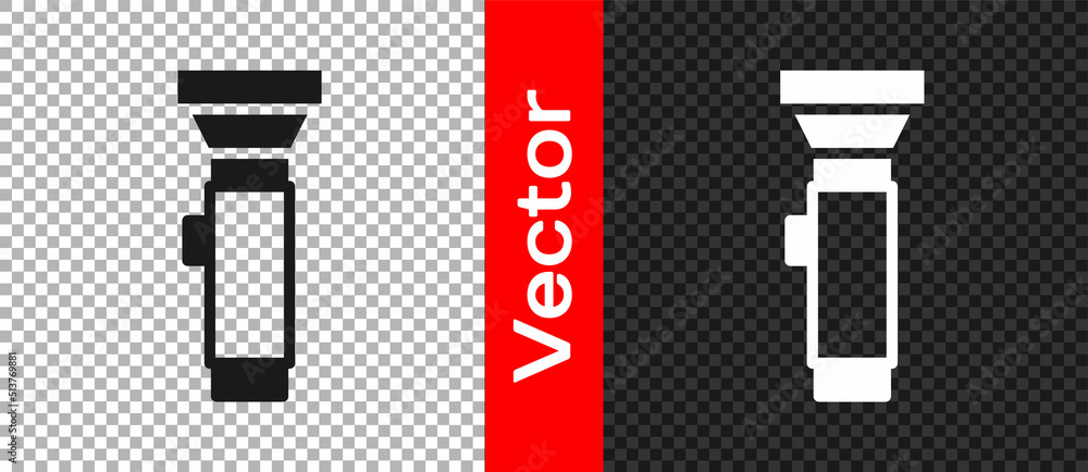 Black Flashlight icon isolated on transparent background. Vector