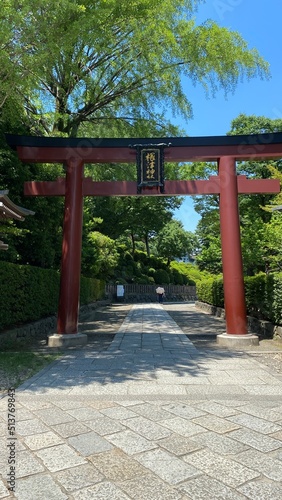 Entry gate of “Nezu” shrine, red Torii gate and the stone pavement that leads to the main shrine. Year 2022 June 28th sunny Tokyo Japan