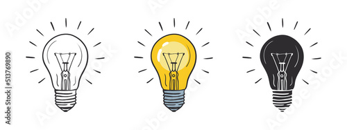 Light bulb sketch. Electric light, energy concept. Light bulbs drawn by hand. Vector illustration