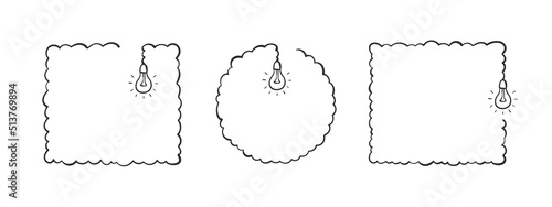 Frames with bulbs. Frames sketch. Hand-drawn frames with light bulbs. Vector illustration