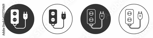 Black Electric extension cord icon isolated on white background. Power plug socket. Circle button. Vector