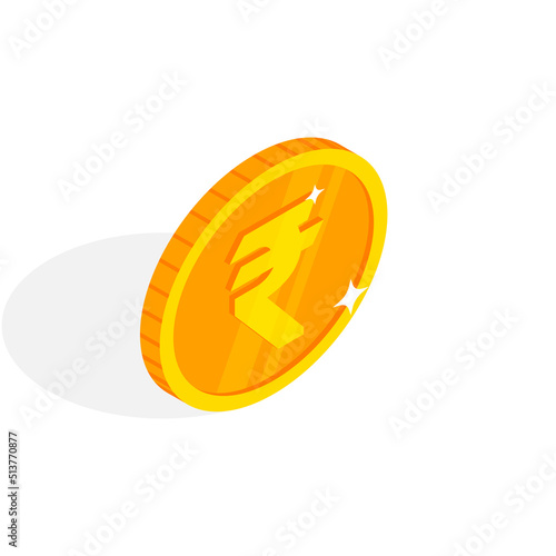 Isometric gold coin icon with Rupee sign. 3d Cash, Indian Rupee currency, Game coin, banking or casino money symbol for web, apps, design. Indian currency exchange icon vector illustration.