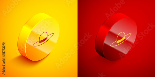 Isometric Elegant women hat icon isolated on orange and red background. Circle button. Vector