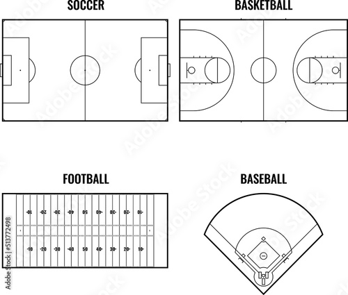 Sporting grounds - schemes, templates of various sports fields, grounds. Football, soccer, basketball and baseball.