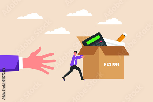Employee with box running from hand his manager. Human resources concept. Colored flat graphic vector illustration isolated.