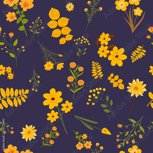 yellow flowers on blue background seamless in flat design, isolated vector © zolotons