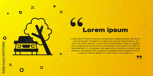 Black Car damaged by fallen tree icon isolated on yellow background. Auto insurance case. Car crash with tree, road accident. Vector