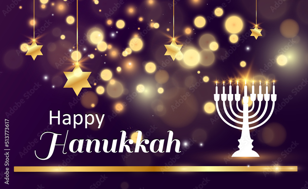 Naklejka premium Hanukkah greeting card on a beautiful background with stars of David and an Israeli candlestick.