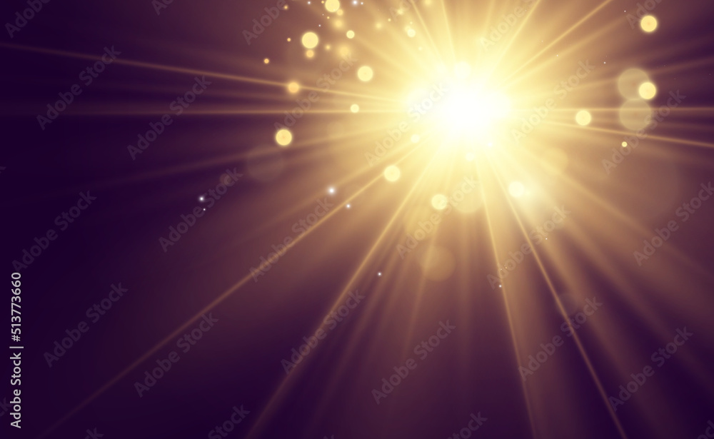 Fototapeta premium Special lens flash, light effect. The flash flashes rays and searchlight. illust.White glowing light. Beautiful star Light from the rays. The sun is backlit. Bright beautiful star. Sunlight. Glare.