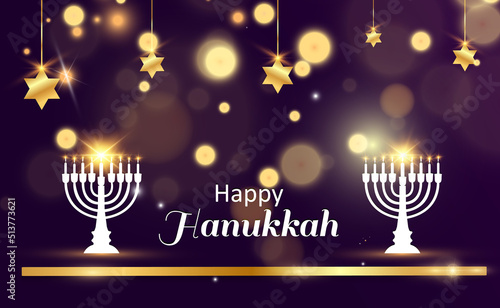 Hanukkah greeting card on a beautiful background with stars of David and an Israeli candlestick.