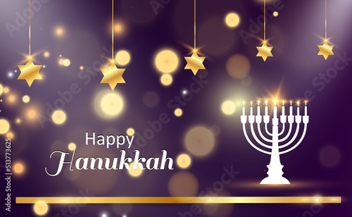 Hanukkah greeting card on a beautiful background with stars of David and an Israeli candlestick.