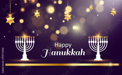 Hanukkah greeting card on a beautiful background with stars of David and an Israeli candlestick.