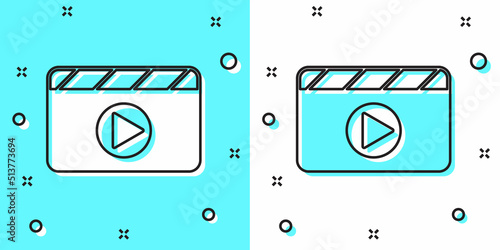 Black line Movie clapper icon isolated on green and white background. Film clapper board. Clapperboard sign. Cinema production or media industry. Random dynamic shapes. Vector