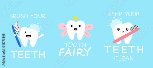 Tooth lettering set. Brush your teeth, keep clean and tooth fairy text. Cartoon characters with toothbrush and toothpaste with phrase, cute childish poster or print, dental clinic vector illustration