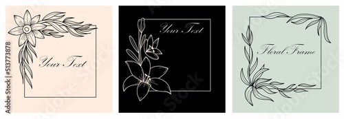 Botanical square frame. Hand drawn round line border, leaves and flowers, wedding invitation and cards, logo design and posters template. Elegant minimal style floral, vector isolated set