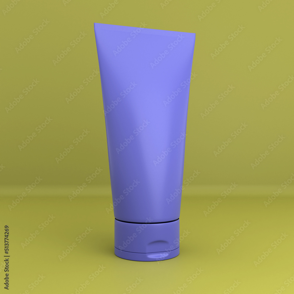 Cosmetics tube for product presentation. Blue tube without logos and inscriptions on the yellow background. 3D render. Cosmetics tube for product presentation. Blue tube without logos and inscriptions on the yellow background. 3D render.