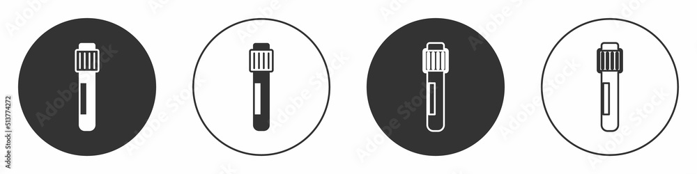 Black Test tube and flask chemical laboratory test icon isolated on white background. Laboratory glassware sign. Circle button. Vector Black Test tube and flask chemical laboratory test icon isolated on white background. Laboratory glassware sign. Circle button. Vector