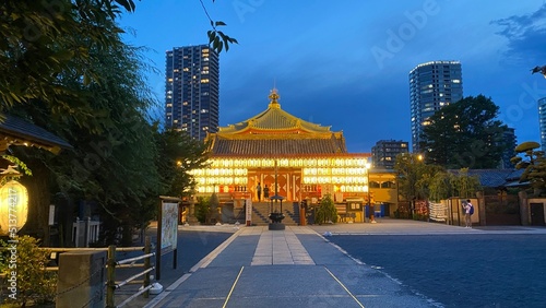 The path to the beautiful Japanese temple at night with Japanese paper lanterns lit in gold, the dim reflects on the exterior of the temple building, heartwarming scenery of the cultural scene Tokyo, 