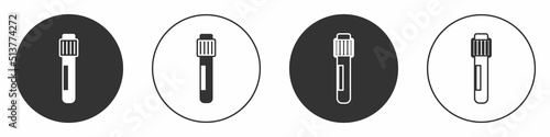 Black Test tube and flask chemical laboratory test icon isolated on white background. Laboratory glassware sign. Circle button. Vector
