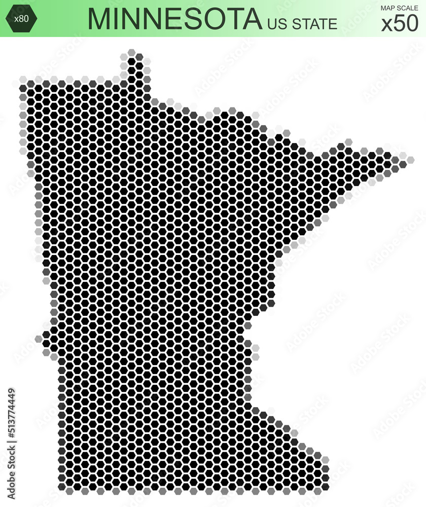 Dotted map of the state of Minnesota in the USA, from hexagons, on a scale of 50x50 elements. With rough edges from a grayscale gradient on a white background.