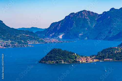 The panorama of Lake Como  photographed from Monte di Tremezzo  showing the Northern Grigna  the Southern Grigna  the Lecco branch  the town of Bellagio  and the surrounding mountains.