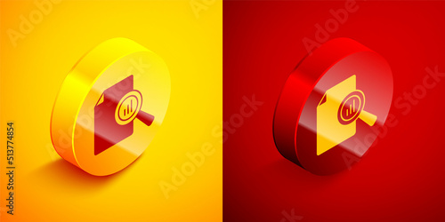 Isometric Document with graph chart icon isolated on orange and red background. Report text file icon. Accounting sign. Audit, analysis, planning. Circle button. Vector