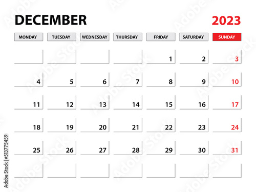 December 2023 year planner template, calendar 2023 template, monthly and yearly planners. organizer diary. week start monday, corporate planner template, Desk calendar 2023, Horizontal layout, vector