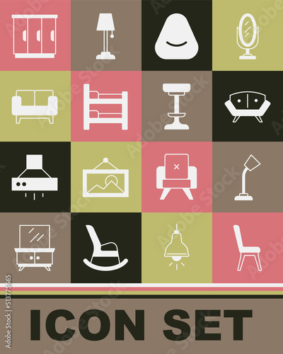 Set Chair  Table lamp  Sofa  Pouf  Bunk bed  Wardrobe and icon. Vector