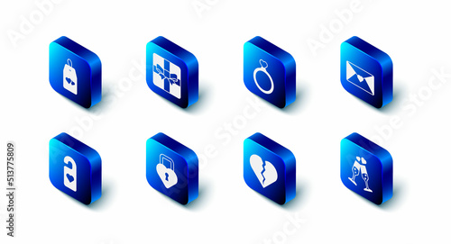 Set Gift box, Wedding rings, Envelope with Valentine heart, Glass of champagne, Broken or divorce, Castle the shape, Please do not disturb and icon. Vector