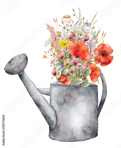 bouquet of wild flowers in a watering can watercolor hand drawn illustration