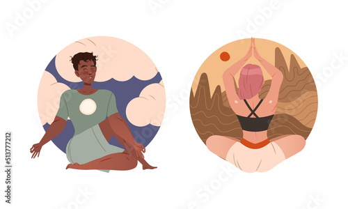 Young man and woman meditating and relaxing. People practicing yoga and breathing exercise set vector illustration