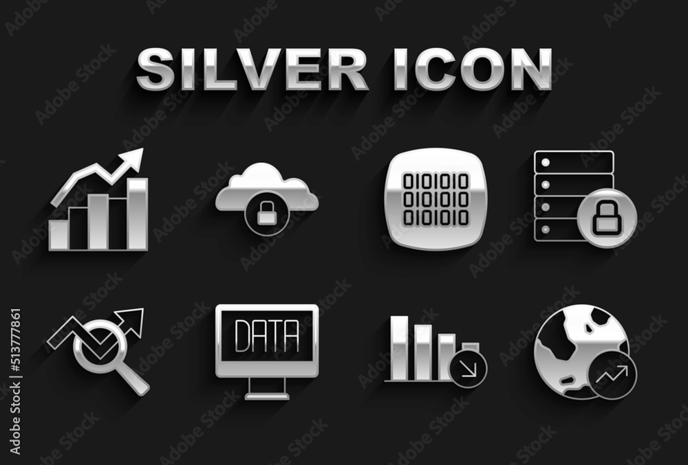 Set Data analysis, Server security with padlock, Financial growth, decrease, Search data, Binary code, and Cloud computing icon. Vector Set Data analysis, Server security with padlock, Financial growth, decrease, Search data, Binary code, and Cloud computing icon. Vector