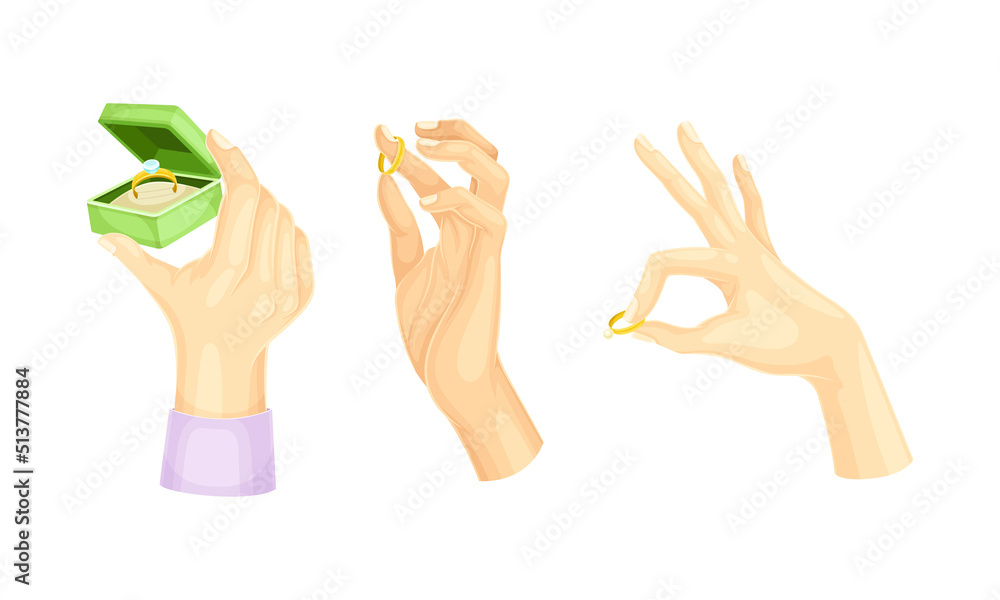 Hands holding wedding golden rings set. Male hand holding opened green box with golden ring and diamond cartoon vector illustration Hands holding wedding golden rings set. Male hand holding opened green box with golden ring and diamond cartoon vector illustration