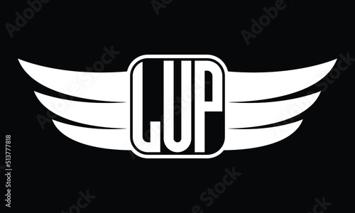 LUP three Letter Wings Flying Initial wing symbol minimalist creative concept flag icon professional logo design Vector template with abstract black and white tattoo