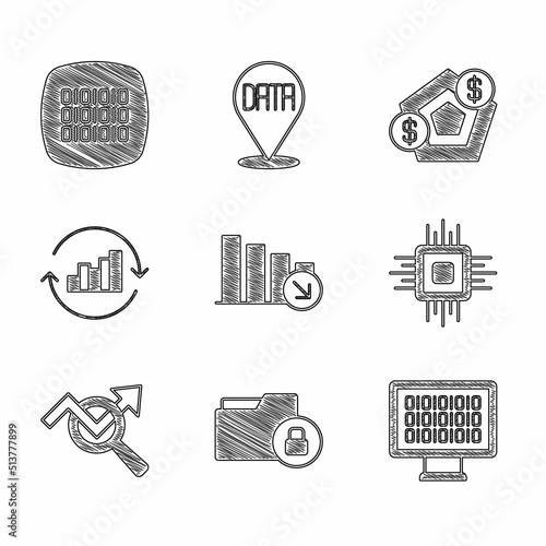 Set Financial growth decrease, Folder and lock, Binary code, Processor CPU, Search data analysis, Pie chart infographic, and icon. Vector