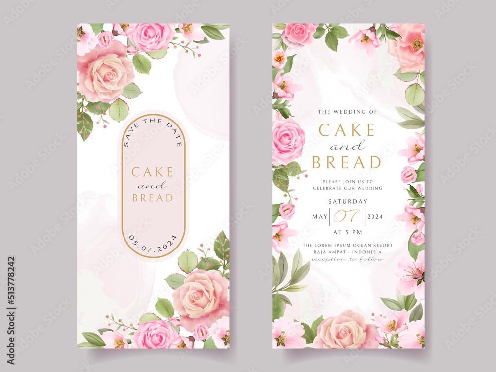 Pink rose and cherry blossom wedding invitation card template